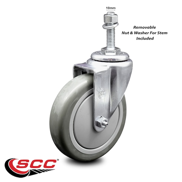 5 Inch Gray Polyurethane Wheel Swivel 10mm Threaded Stem Caster SCC